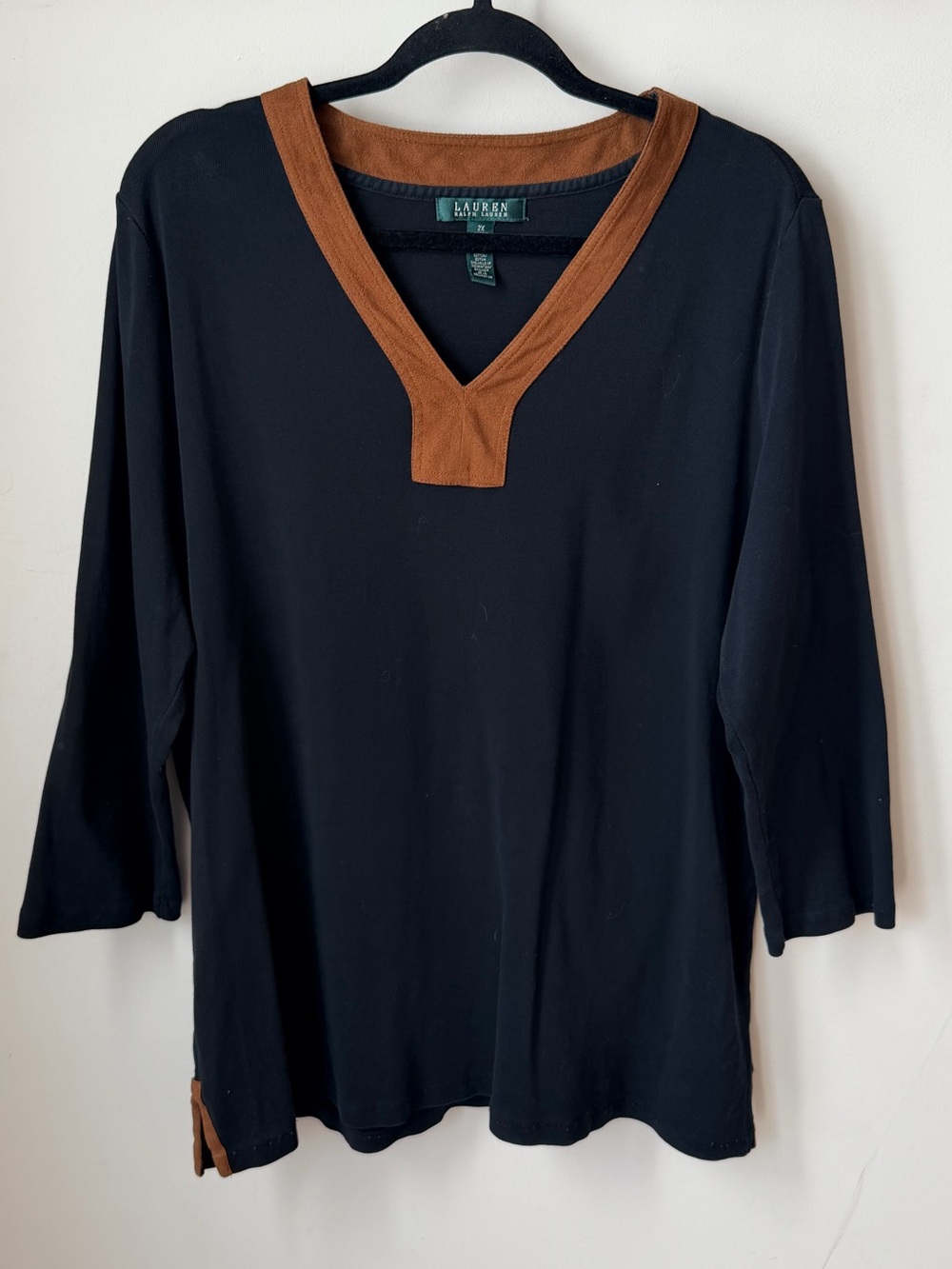 Lauren Ralph Lauren 2X Black & Cognac Trim V-Neck Tunic • Preppy Equestrian